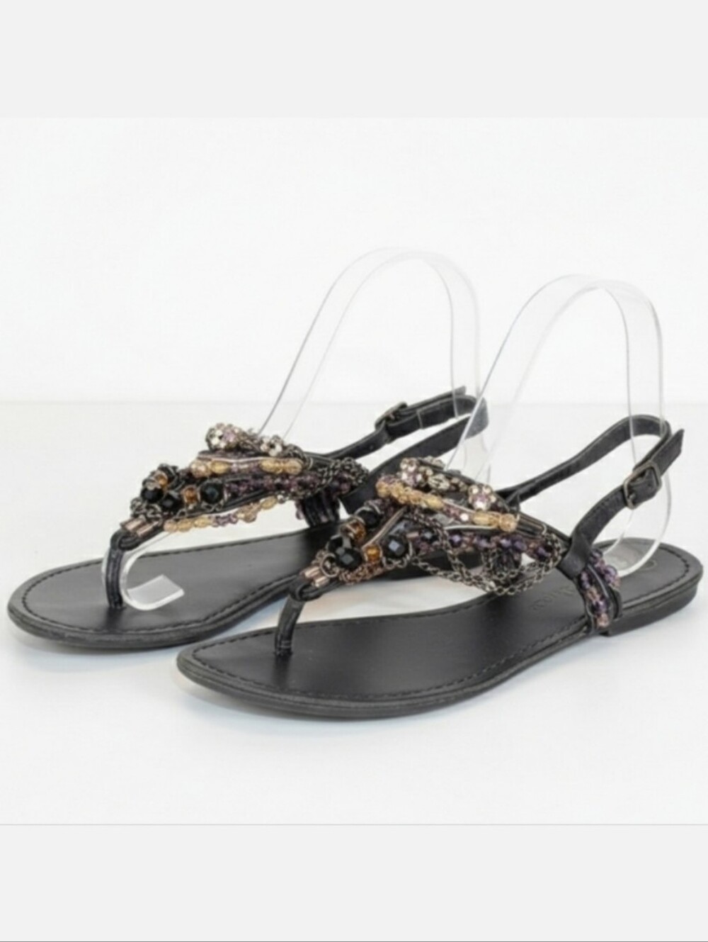Zigi Soho Beaded Thong Sandals Boho Embellished Strappy Black Flats Size 6.5